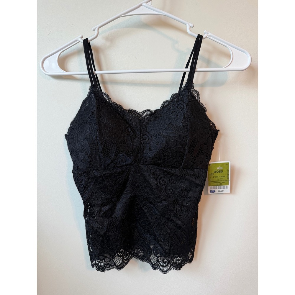 Kathy Black Floral Lace Camisole Padded Crop Top Double Strap LB11-L S/M NWT
